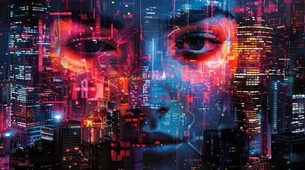 An intense digital composite of a woman’s face layered with high-impact visual effects from urban digital screens, creating a powerful portrayal of information overload in a modern digital age.