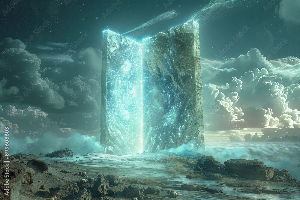 Poster a door of pure light opening to a celestial realm surrounded by clouds at twilight. generative ai