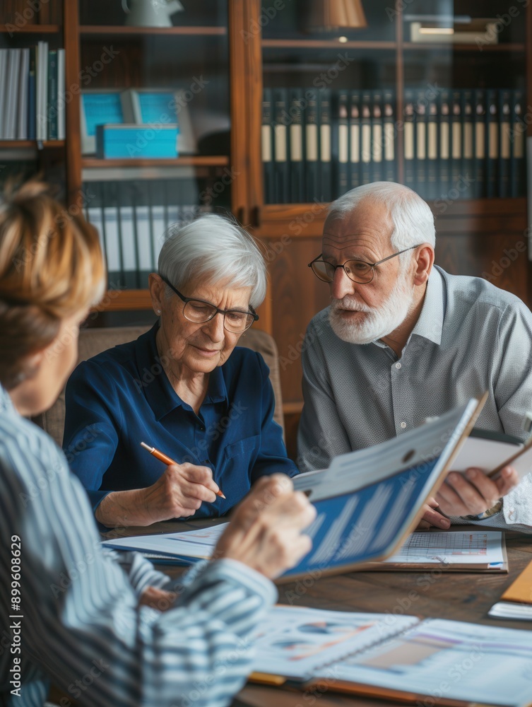 Leinwandbilder three elderly people collaborate on documents at a wooden table in a warm library, discussing ideas 