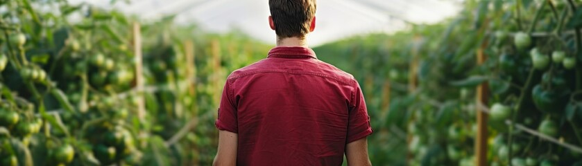 A person standing in a greenhouse surrounded by lush green plants, enjoying the tranquility of nature and growth.