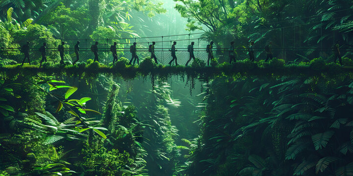 Serene Safety: A hiking group peacefully crossing a secure bridge in a lush green setting