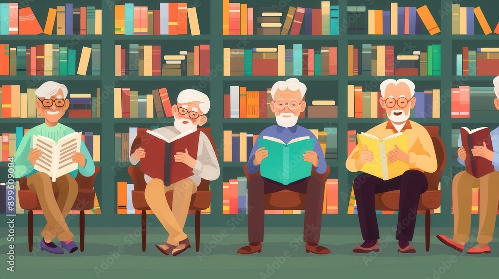 Poster a group of elderly individuals studies foreign languages, focusing on textbooks and dictionaries in 