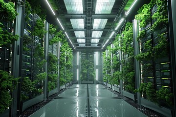 Innovative Server Room Powered by Green Energy With Integrated Plant Life Enhancements in Modern Facility. Generative AI