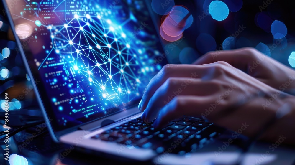 Poster hands typing on a laptop with a network security interface on the screen
