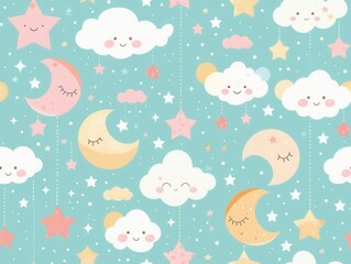 Seamless pattern featuring cute clouds, stars, and moons on a turquoise background, perfect for baby nursery decor and children's designs.