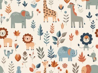 Seamless pattern featuring adorable cartoon safari animals with leaves and flowers in soft pastel tones. Perfect for children's designs.