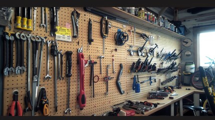 Organized garage workspace with pegboard wall displaying tools like hammers, screwdrivers, and wrenches for easy access. Well-equipped for DIY tasks with a clean and functional setup.