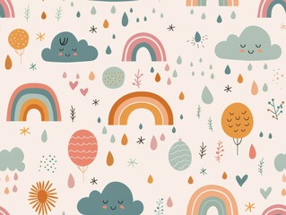 Seamless whimsical pattern with cute clouds, rainbows, raindrops, and trees in pastel colors. Perfect for kids' designs and backgrounds.