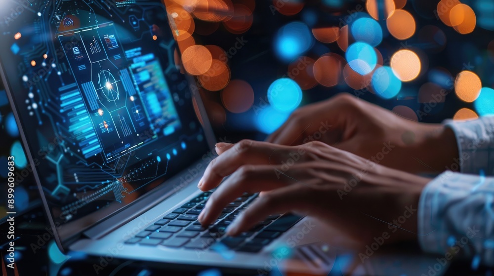 Poster hands typing on a laptop with a network security interface on the screen