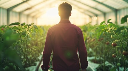 A person walking through a greenhouse, surrounded by lush plants and vibrant tomatoes, capturing the beauty of nature at sunset.