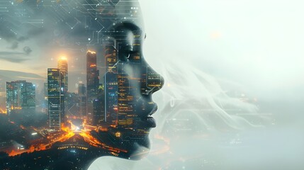 A visually striking composite of a man’s profile overlaid with vibrant digital artifacts and colorful urban lights, creating a dynamic representation of the fast-paced, technology-driven urban life.