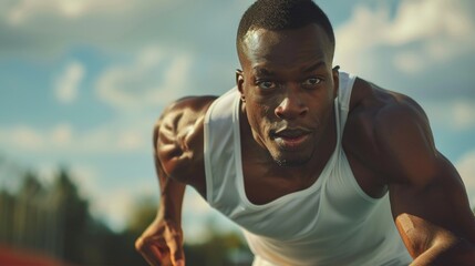 An intense African American male athlete, poised to sprint, showcases determination amidst a serene sunset backdrop, embodying strength and dedication.