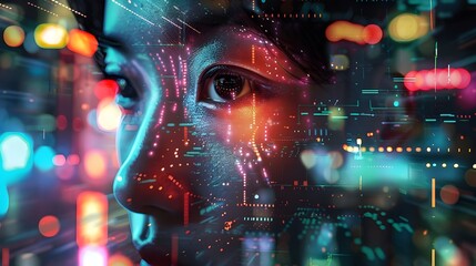 A vibrant and dynamic digital artwork depicting a woman’s face overlaid with bright, neon city elements, creating a visually striking representation of the energy and color of urban nightlife.