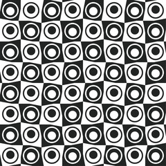 Checkerboard pattern of circles inside cells. Seamless large chessboard, abstract and curved.