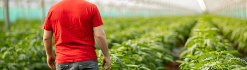 Naklejka premium A person walks through a vibrant greenhouse, surrounded by lush green plants, showcasing dedication to sustainable agriculture.