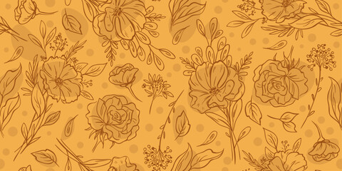 Floral pattern of branches, leaves and buds. Seamless floral and monotonous pattern.