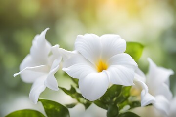 Fototapeta premium White dipladenia flower bokeh background, AI Generated