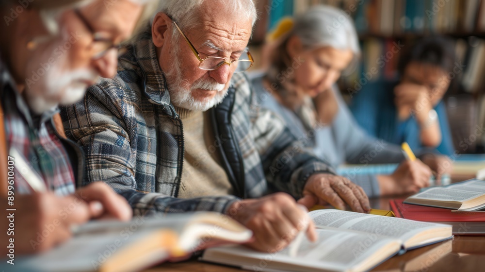 Poster a group of elderly learners focus on studying foreign languages using textbooks and dictionaries in 