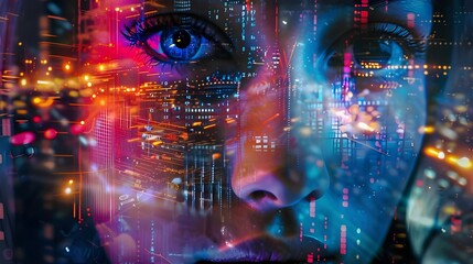 A vibrant digital portrait of a woman, her face illuminated with neon cityscapes and digital patterns, showcasing the vivid interplay between human features and the dynamic energy of urban life.