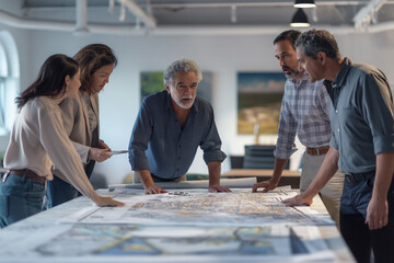 Architects working together on building plans in a modern office environment