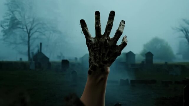 Mysterious hand emerging the ground in foggy cemetery