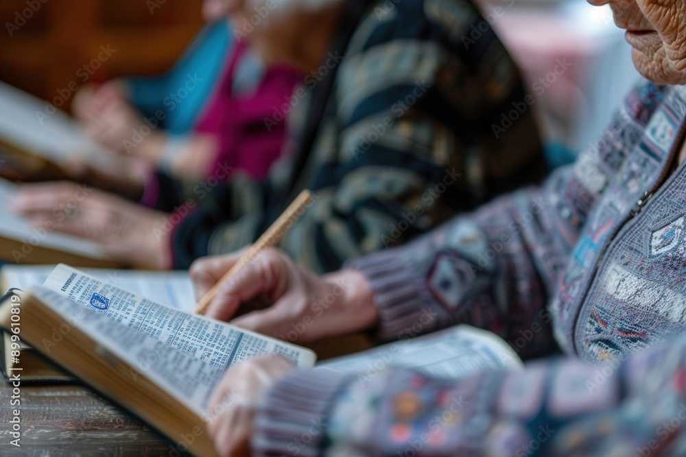 Poster Group of older adults studying foreign languages together, using textbooks and dictionaries in a warm and inviting space. Generative AI