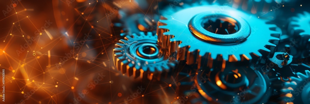 Poster close-up of mechanical gears with glowing orange light and network connections. industrial engineeri