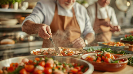 Obraz premium Professional chefs preparing fresh meals in a busy kitchen environment