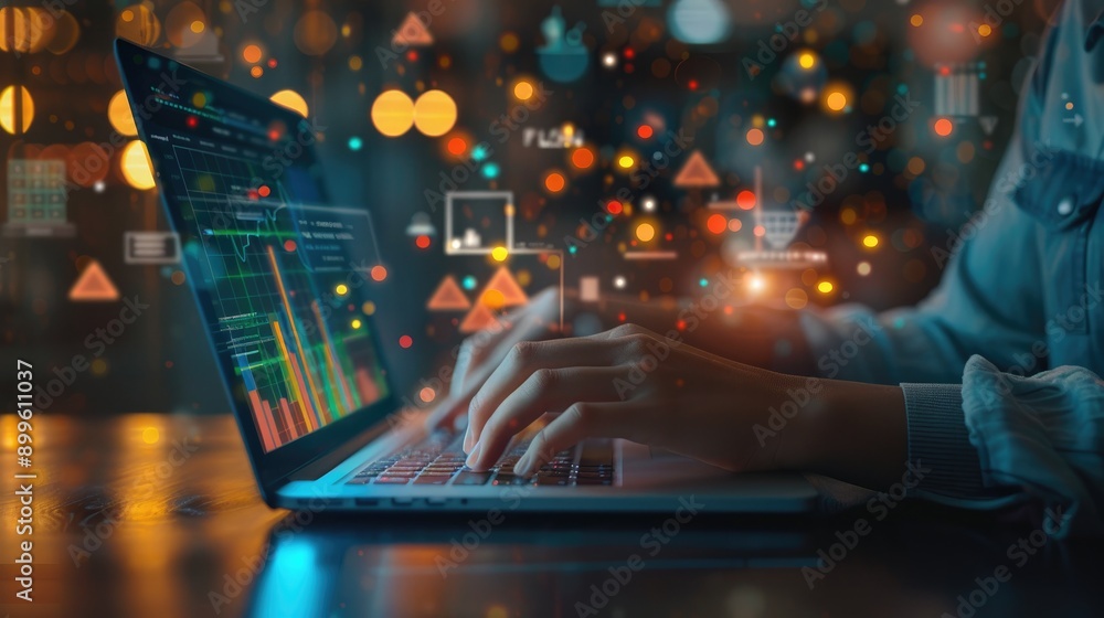 Poster hands using a laptop with business intelligence tools in an office