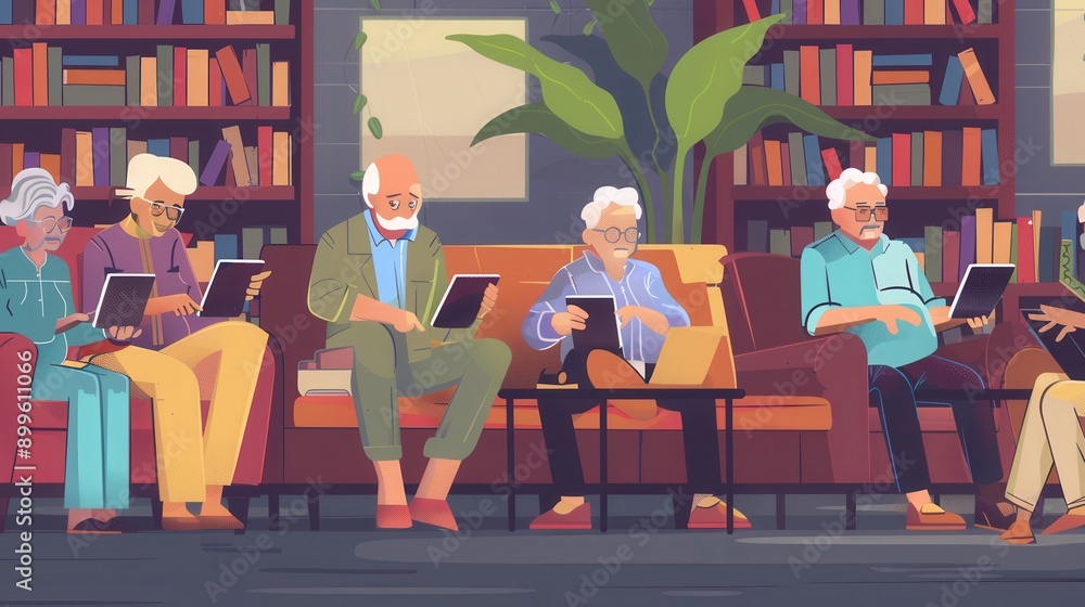 Poster A group of elderly people are sitting in a library, using various devices to participate in a digital learning session. Generative AI