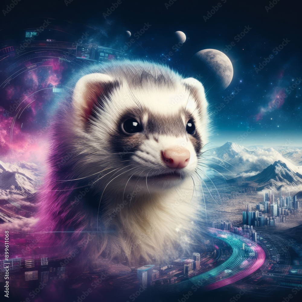 Poster a ferret gazes into the distance in a surreal, futuristic landscape featuring a cityscape and planet