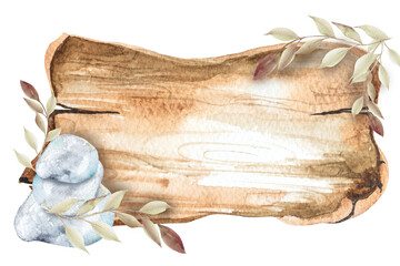 A branch with leaves and a pyramid of stones on a wooden board background. Esoterics, massage, watercolor illustration, hand drawing.