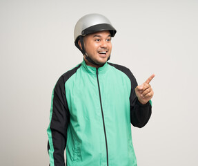 Young asian rider wearing green jacket uniform and helmet standing various action on isolated white background. Male delivery service worker. Delivery courier and shipping food service.