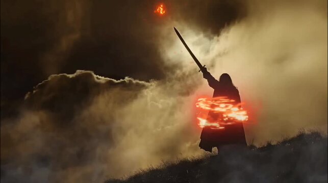 Man with sword and energy fire on rocky cliff at night. 