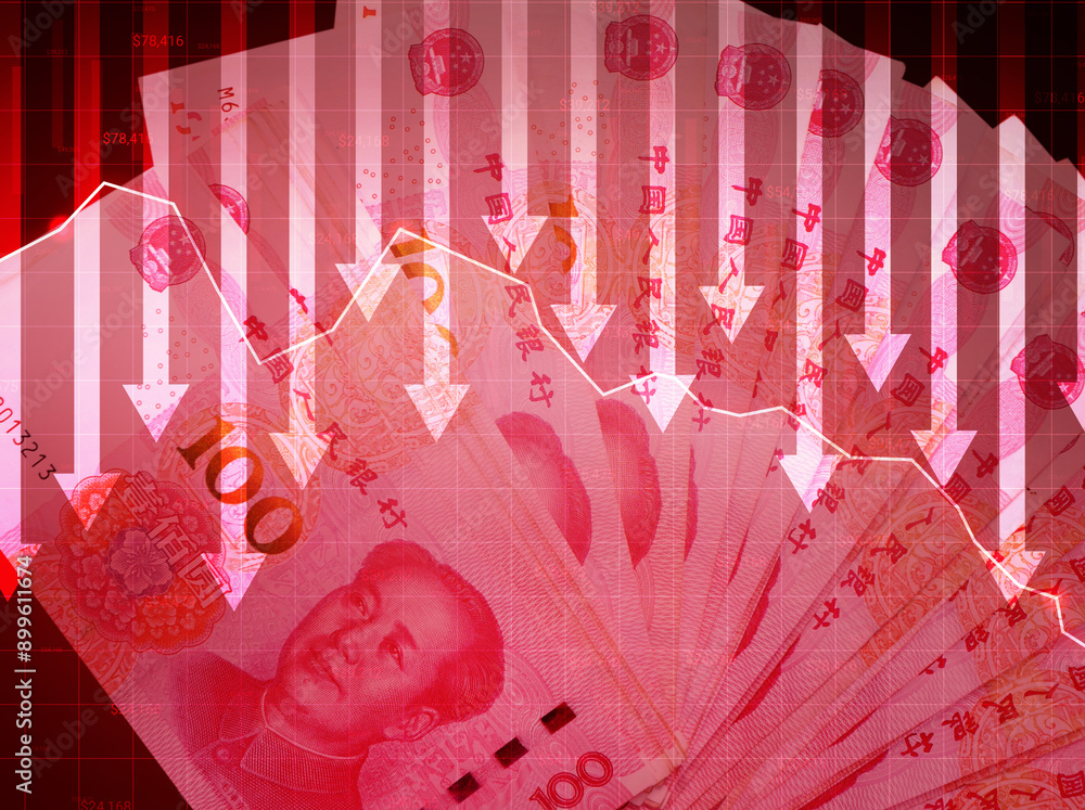 Poster chinese yuan going down red graph with arrows, business and finance background. currency of china wi