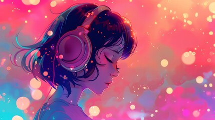 A digital illustration of a girl with headphones, set against a vibrant, neon gradient background. The colors blend between pink and blue, creating a dynamic, futuristic atmosphere.