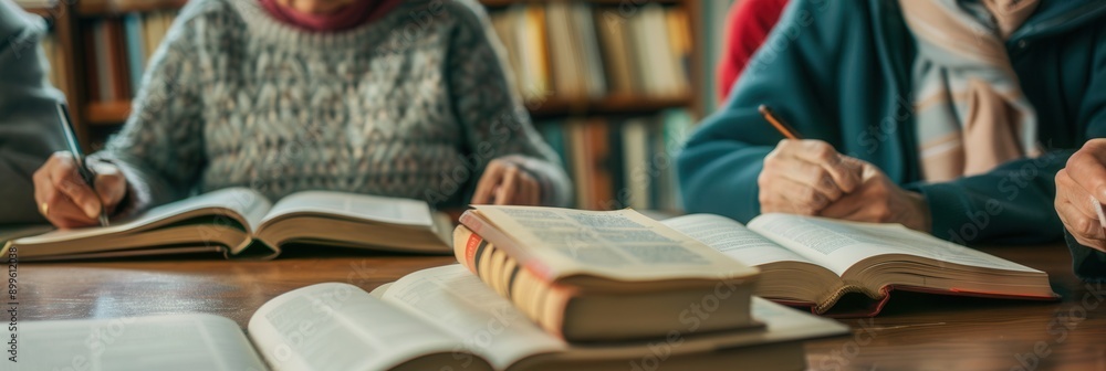 Fototapete elderly individuals immerse themselves in studying foreign languages, surrounded by textbooks and di