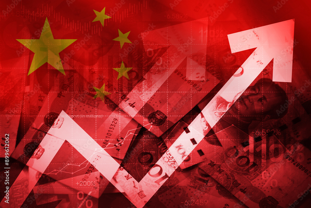 Poster chinese yuan going up represnted by red arrow and waving flag in the backdrop. china currency gettin