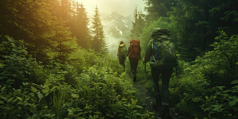 Calm Exploration: A hiking group safely traversing a serene forest path