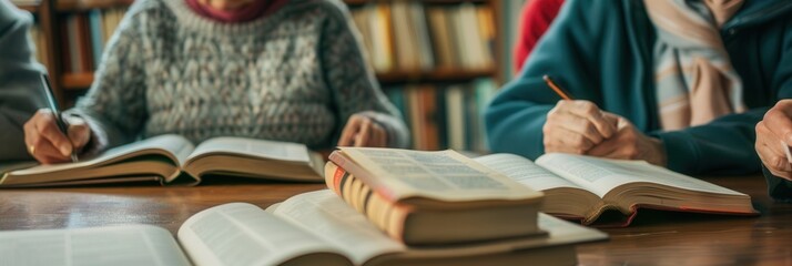 Elderly individuals immerse themselves in studying foreign languages, surrounded by textbooks and dictionaries in a welcoming library environment. Generative AI