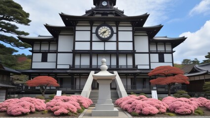 flowers are blooming in front of a large building with a clock tower, japan shonan enoshima