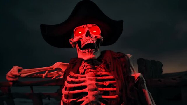 Glowing red-eyed skeleton pirate dark stormy skies