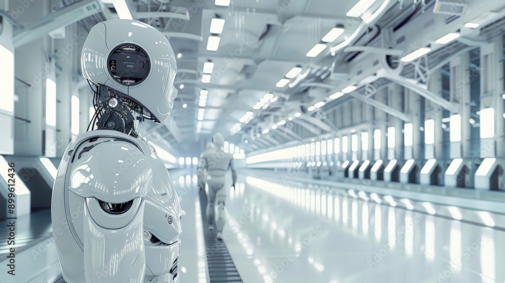 Poster White humanoid robot in a high-tech corridor. Advanced AI and robotics in a futuristic environment.