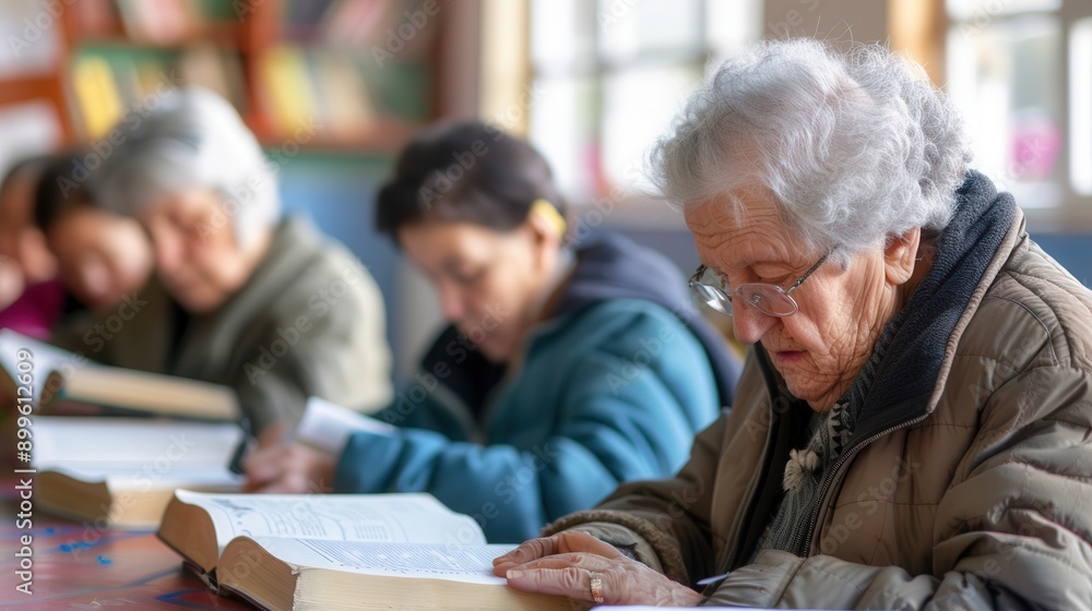 Poster a group of elderly people study foreign languages, deeply focused on their textbooks and dictionarie