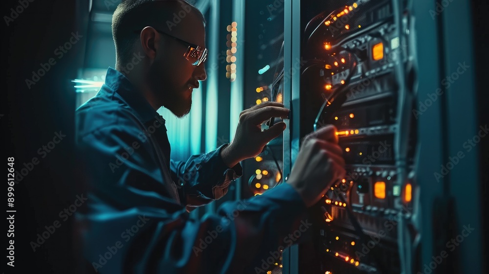 Poster it technician working on a secure server with biometric access controls