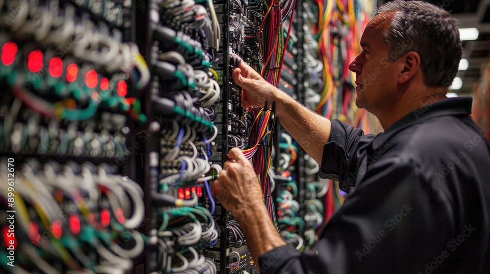 Poster it technician working on a secure server with biometric access controls