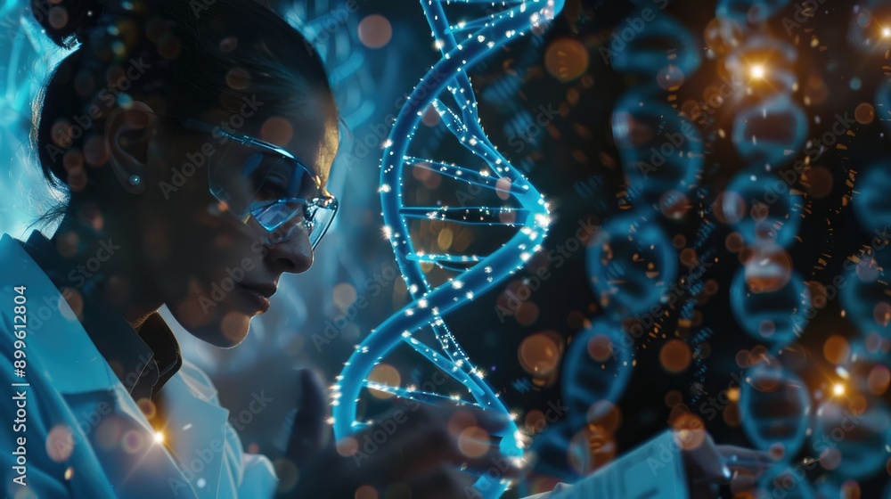 Poster microscope view of a dna helix with a scientist taking notes