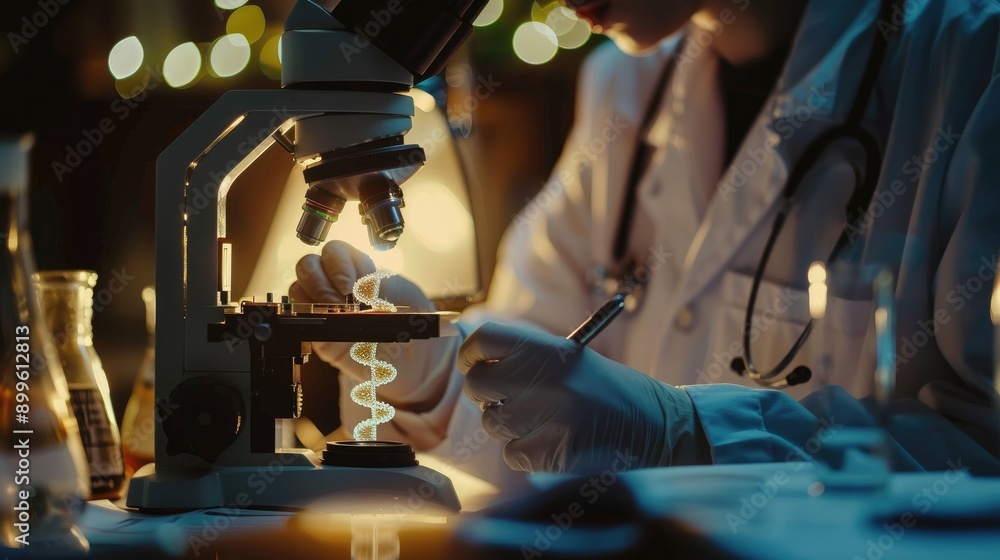 Poster microscope view of a dna helix with a scientist taking notes