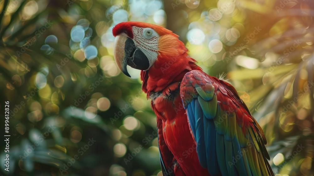 Poster gorgeous macaw with blurred forest background in shallow depth of field great for diverse ideas