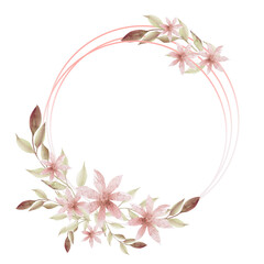 Watercolor boho floral frame. Vintage illustration with delicate flowers, twigs, leaves. Hand painted watercolor illustration of a twig with leaves, flowers . Boho wedding invitation design and other 